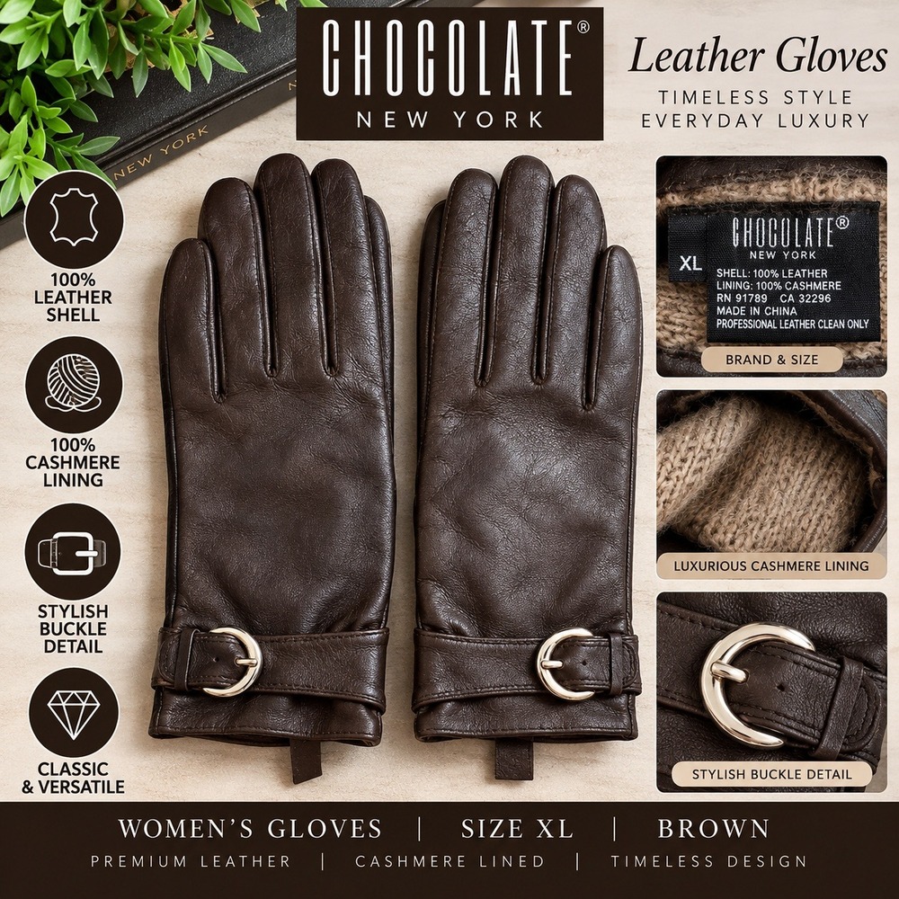 Chocolate New York Carole Little Brown Leather Cashmere Lined Buckle Gloves XL